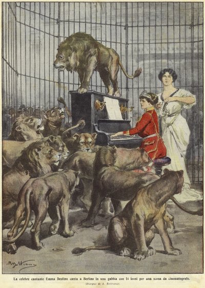 Emma Destinn sings in a cage of lions in Berlin by Achille Beltrame